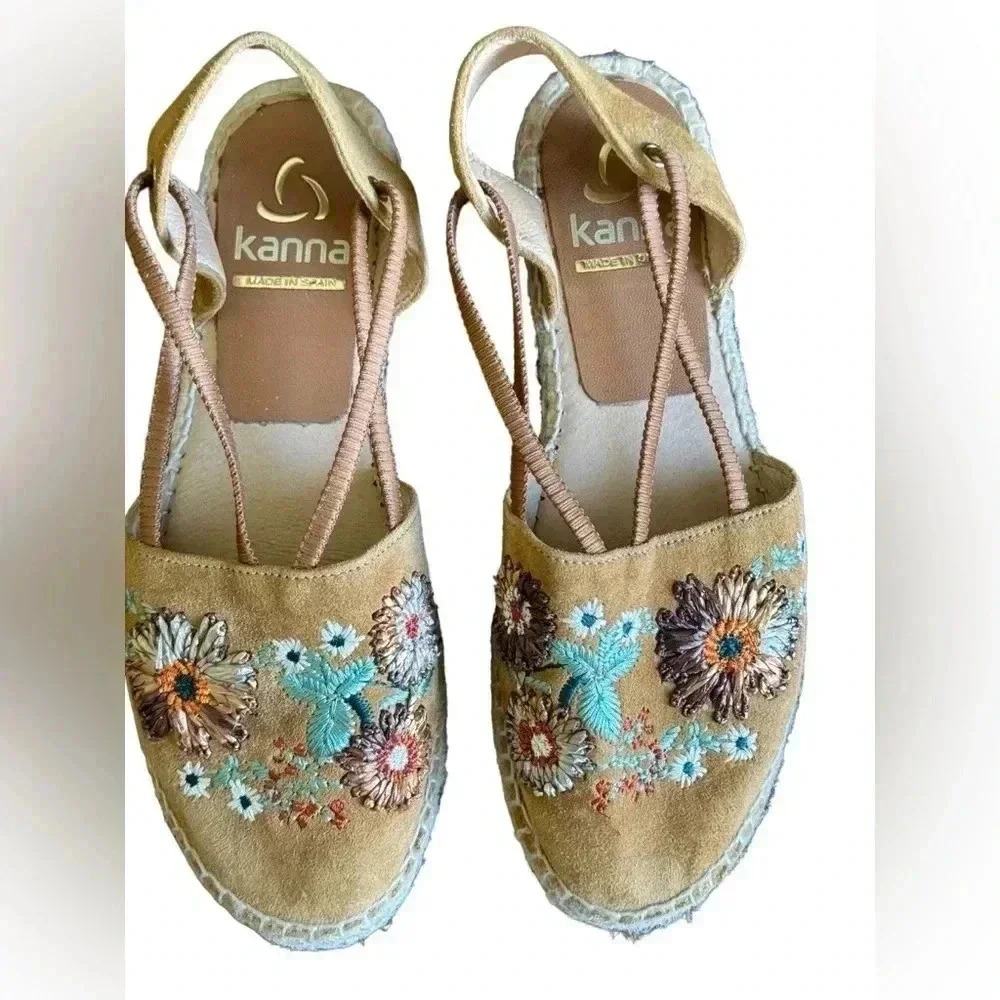 Kanna Women's Slip-On Embroidered "Elissa" Tan Suede Espadrille Shoes